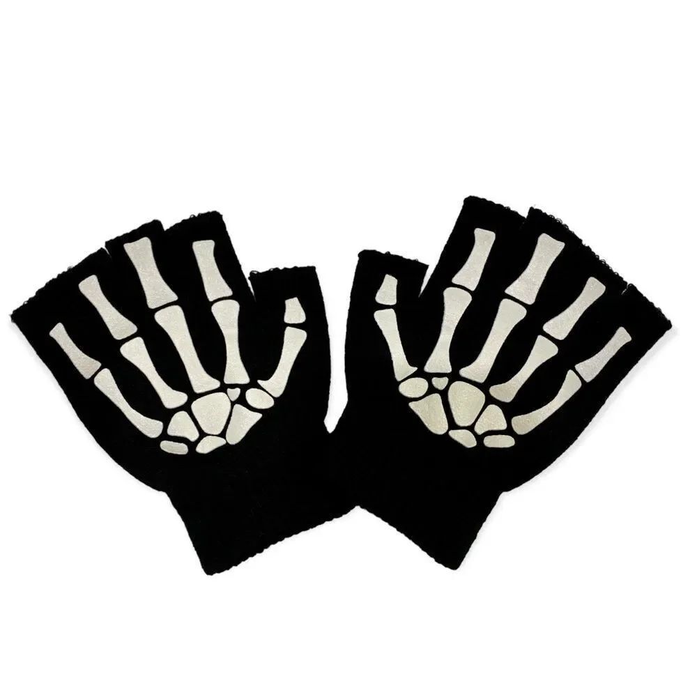 Gothic Glow In The Dark Skeleton Fingers Black Knit Shirt Cover Gloves NEW